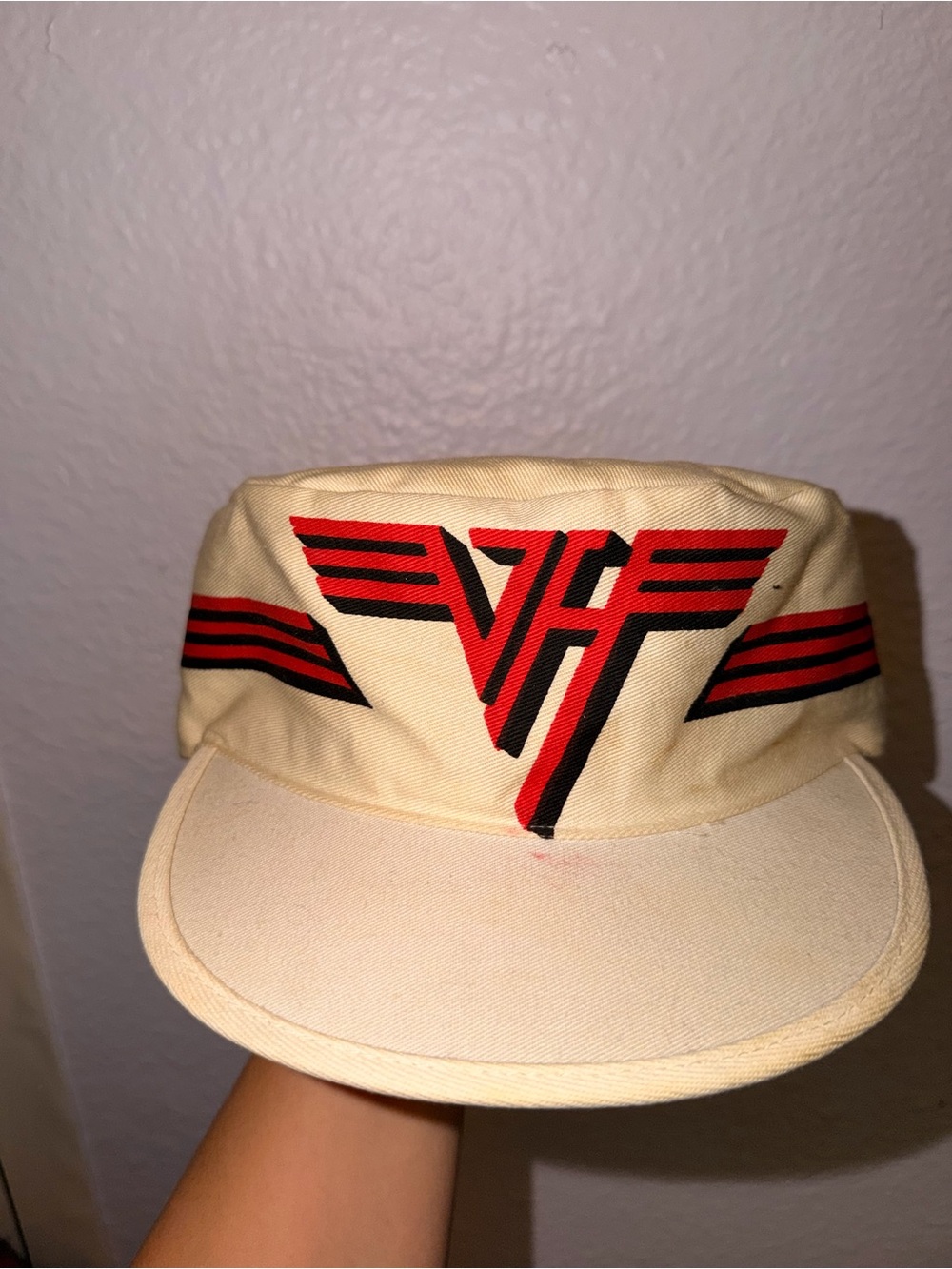 Van Halen Style Beige Baseball Cap with Red Graphic